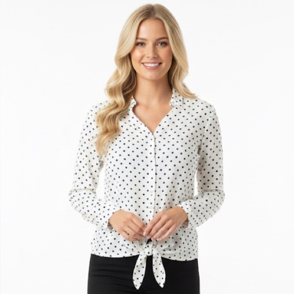 Talbots small petite cream polka dot tie front top - Picture 1 of 5